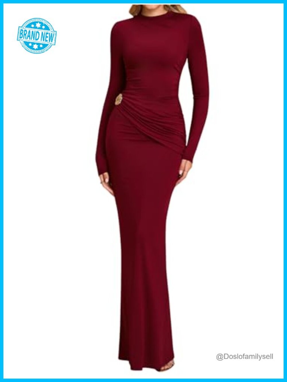 Women's Long Sleeve Ruched Bodycon Maxi Dress Mock Neck Formal Wedding Guest